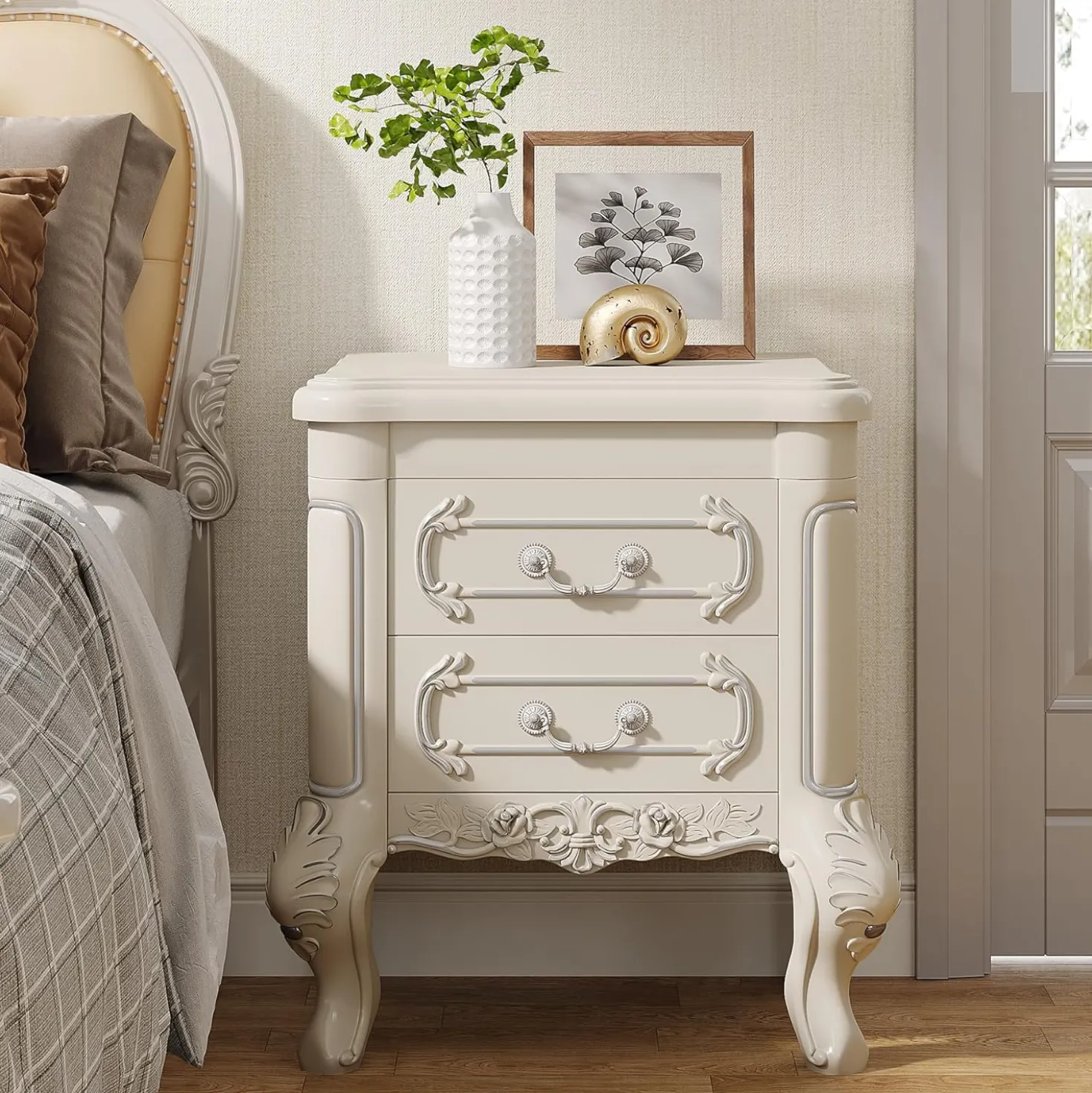 Carved Nightstand, Bedside Table End Table with 2 Drawers