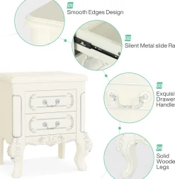 Carved Nightstand, Bedside Table End Table with 2 Drawers