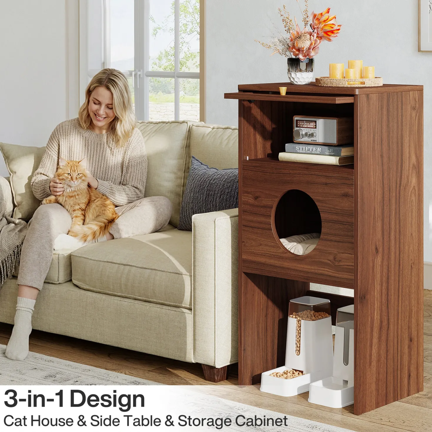 Cat Litter Box Enclosure, Modern Kitty House End Table with Acrylic Door