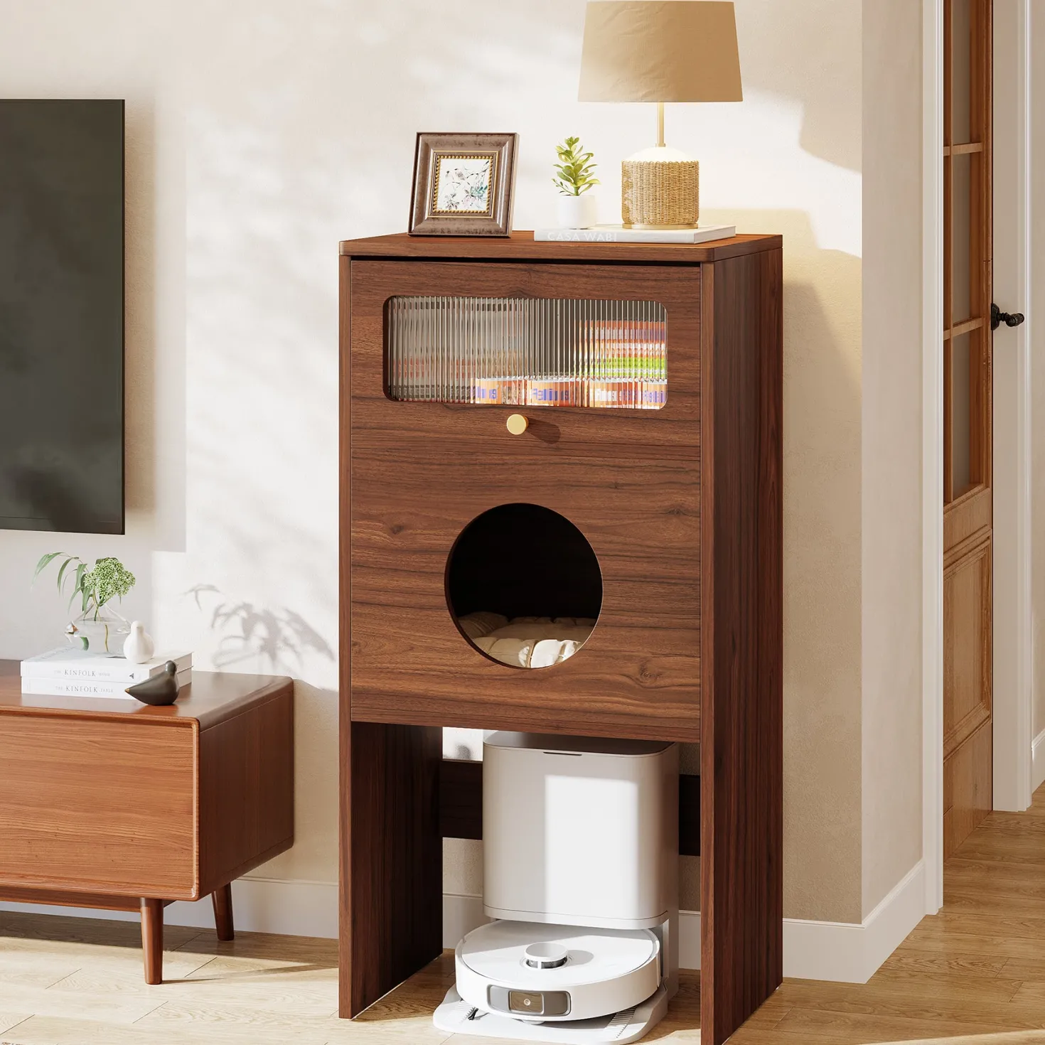Cat Litter Box Enclosure, Modern Kitty House End Table with Acrylic Door
