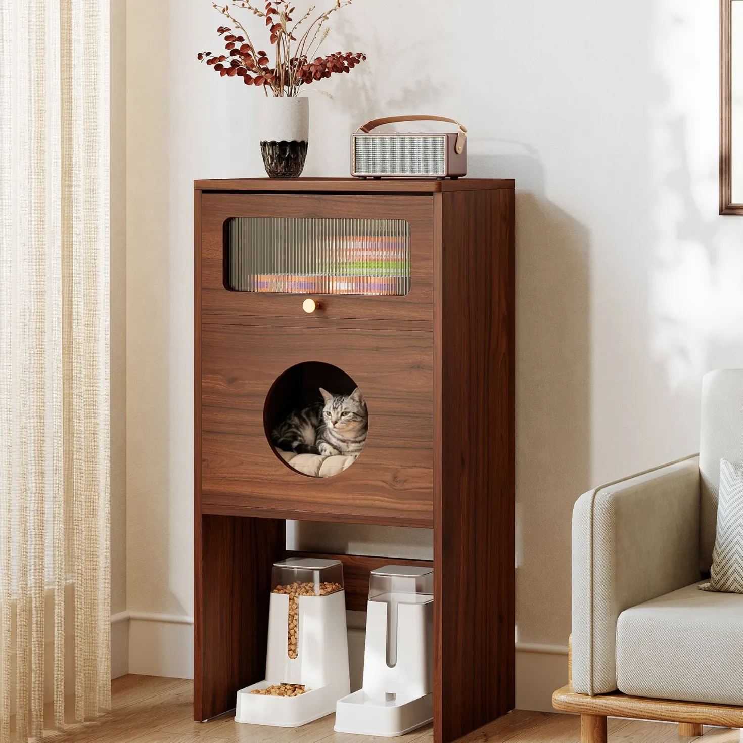 Cat Litter Box Enclosure, Modern Kitty House End Table with Acrylic Door