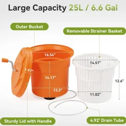 Commercial Salad Spinner, 6.6Gal Manual Lettuce Spinner with 4.92FT Drain Tube
