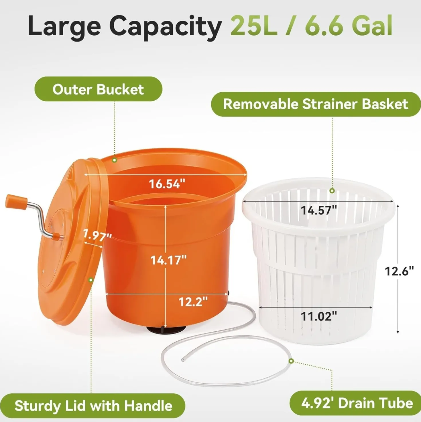 Commercial Salad Spinner, 6.6Gal Manual Lettuce Spinner with 4.92FT Drain Tube