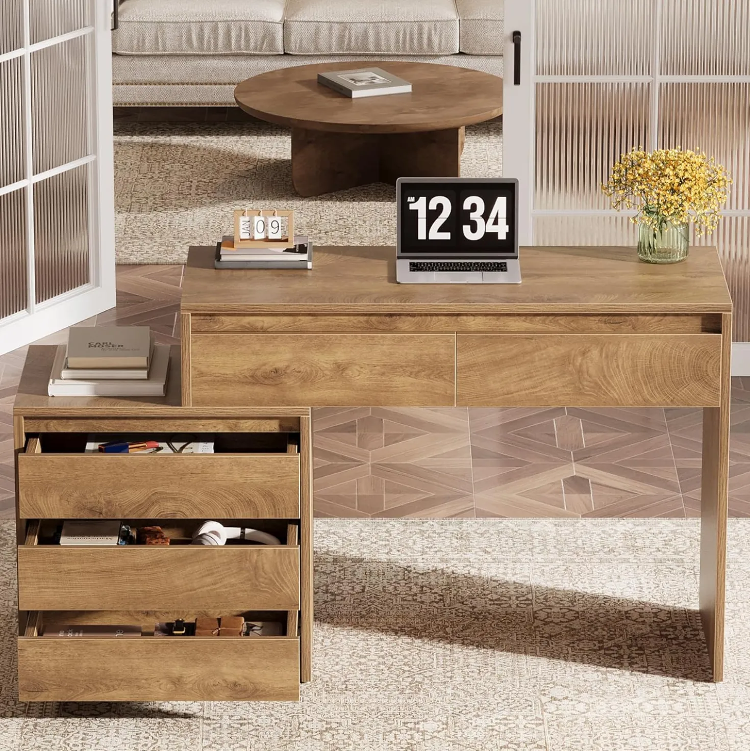 Computer Desk with 5 Drawers, Executive Home Office Desk with File Cabinet