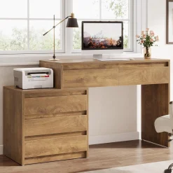 Computer Desk with 5 Drawers, Executive Home Office Desk with File Cabinet