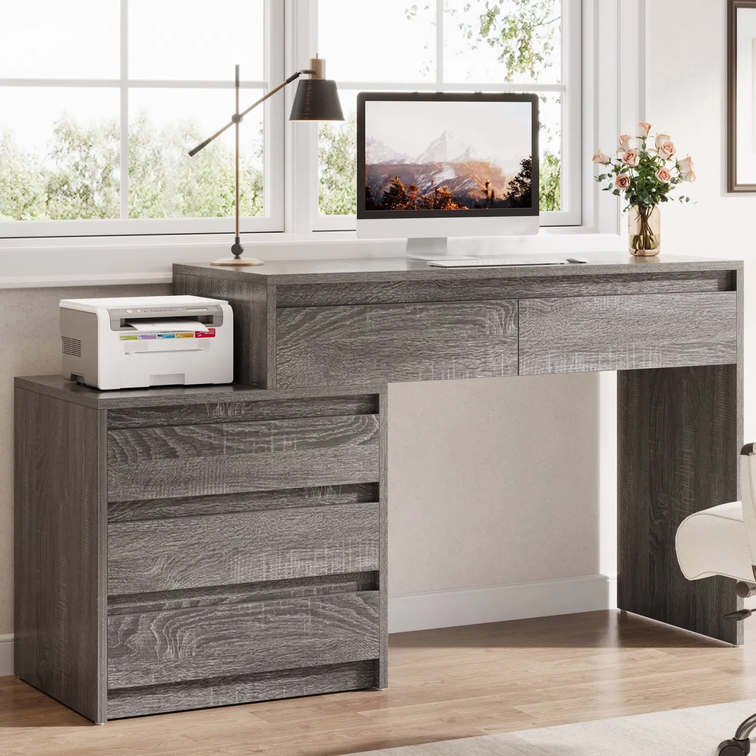 Computer Desk with 5 Drawers, Executive Home Office Desk with File Cabinet