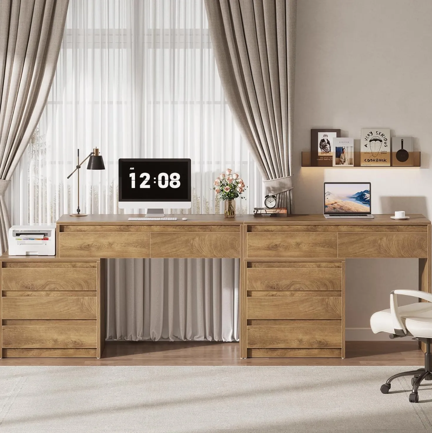 Computer Desk with 5 Drawers, Executive Home Office Desk with File Cabinet