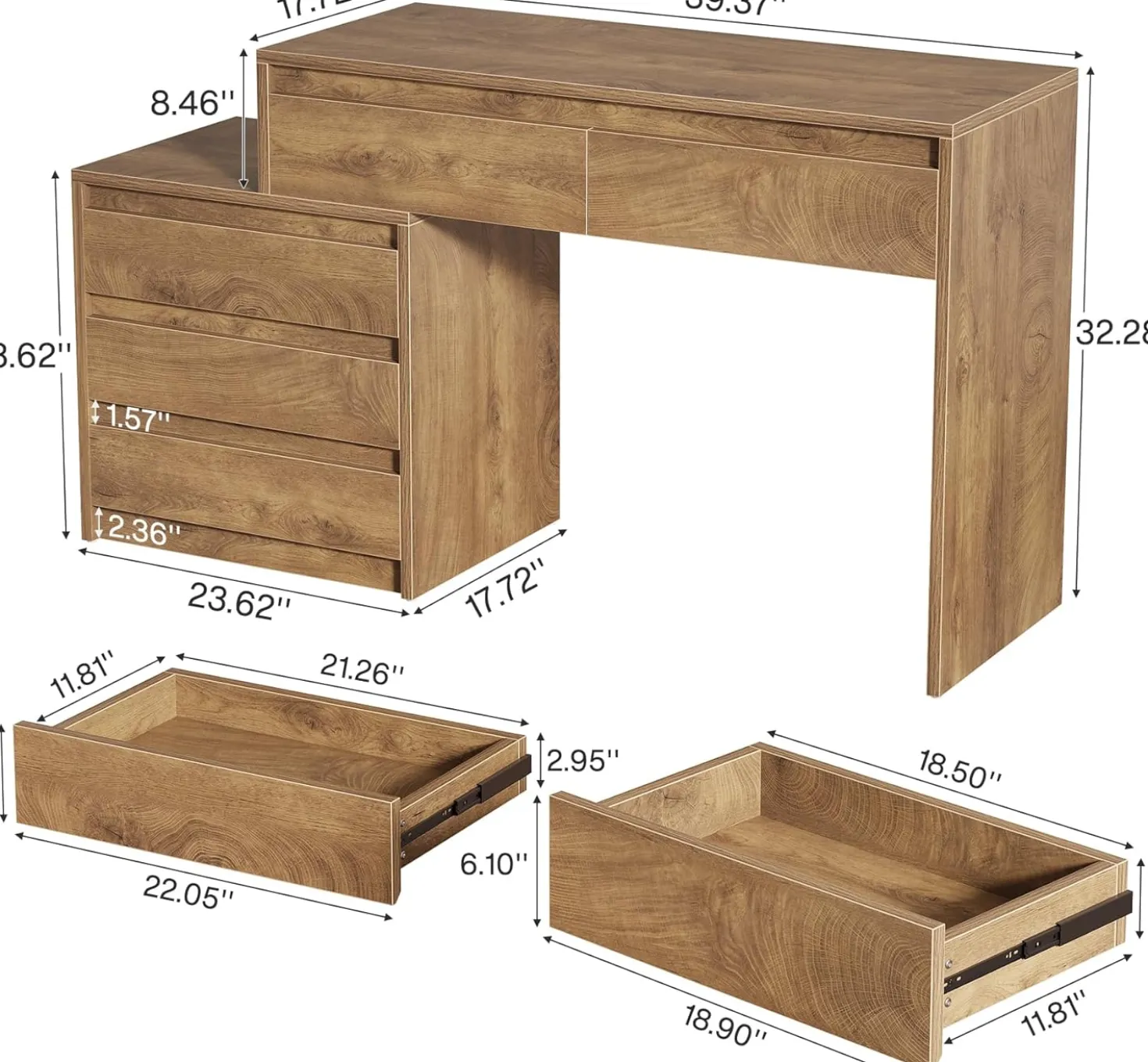 Computer Desk with 5 Drawers, Executive Home Office Desk with File Cabinet
