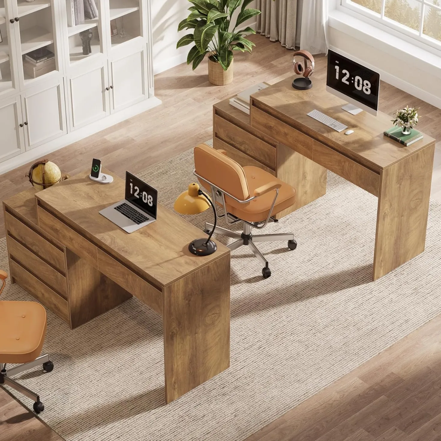 Computer Desk with 5 Drawers, Executive Home Office Desk with File Cabinet
