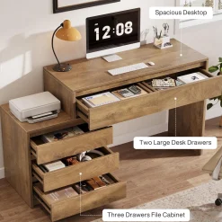 Computer Desk with 5 Drawers, Executive Home Office Desk with File Cabinet