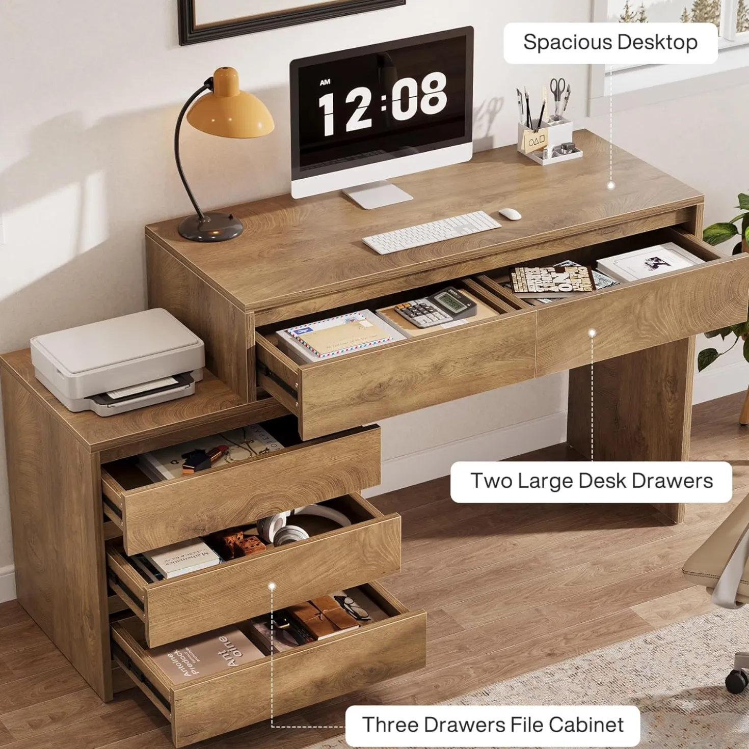 Computer Desk with 5 Drawers, Executive Home Office Desk with File Cabinet