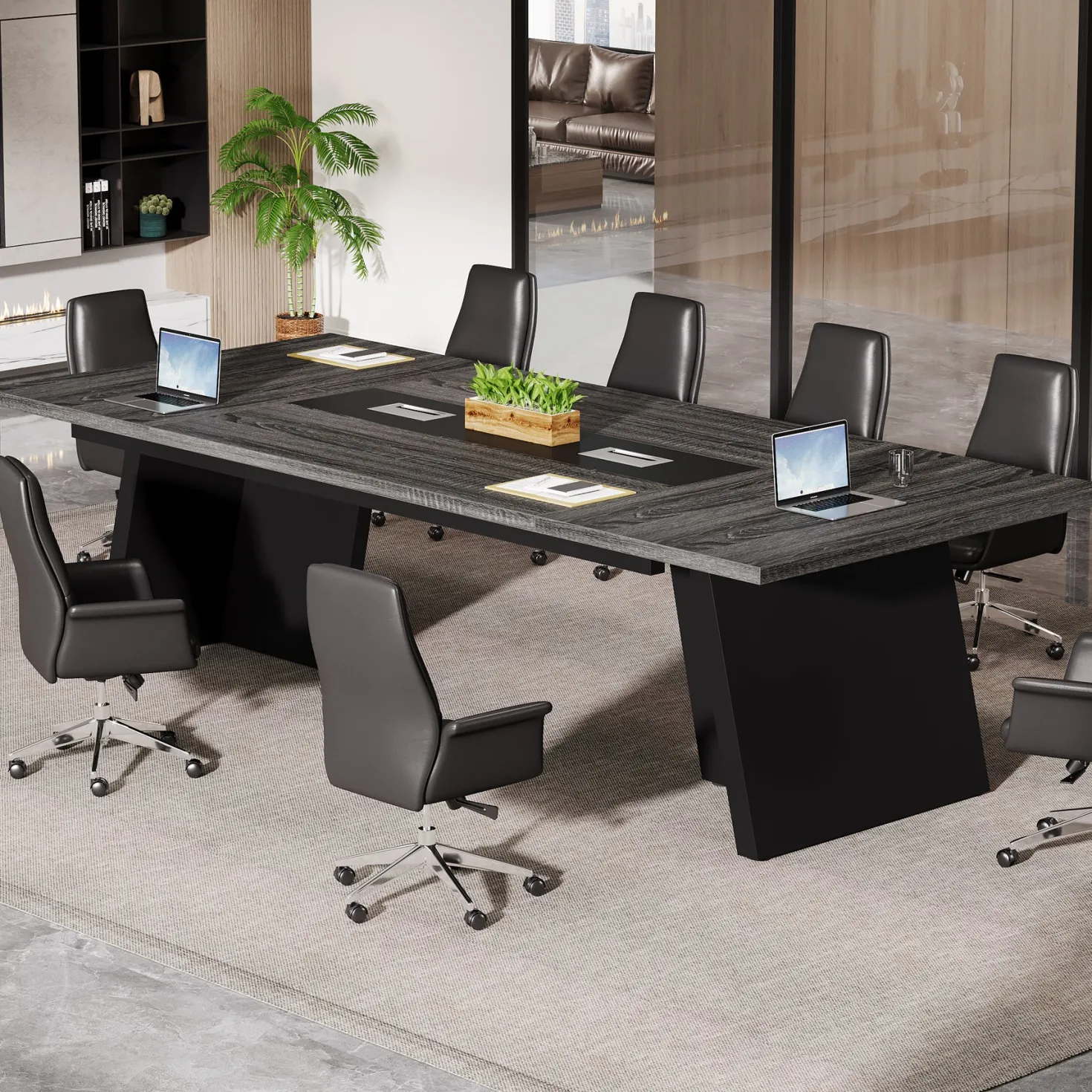 Conference Room Table, 8ft Office Meeting Desk with Cable Management