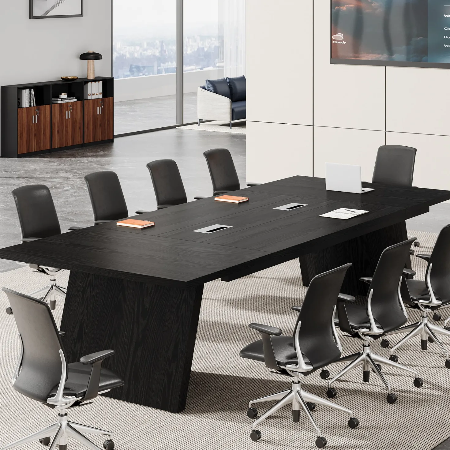 Conference Room Table, 8ft Office Meeting Desk with Cable Management