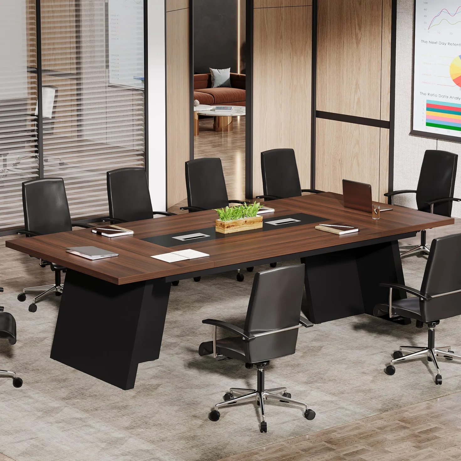Conference Room Table, 8ft Office Meeting Desk with Cable Management