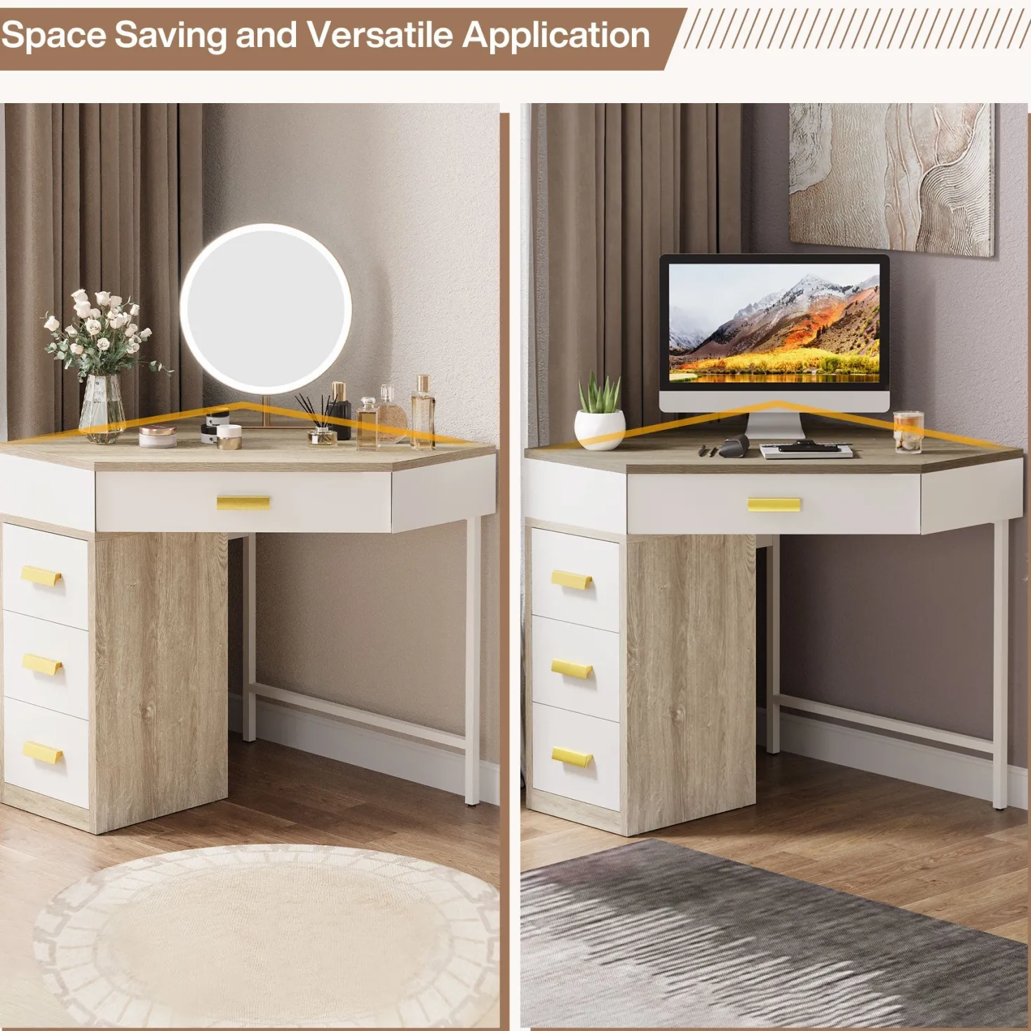 Corner Desk, Triangle Computer Desk Makeup Vanity Desk with 3 Drawers