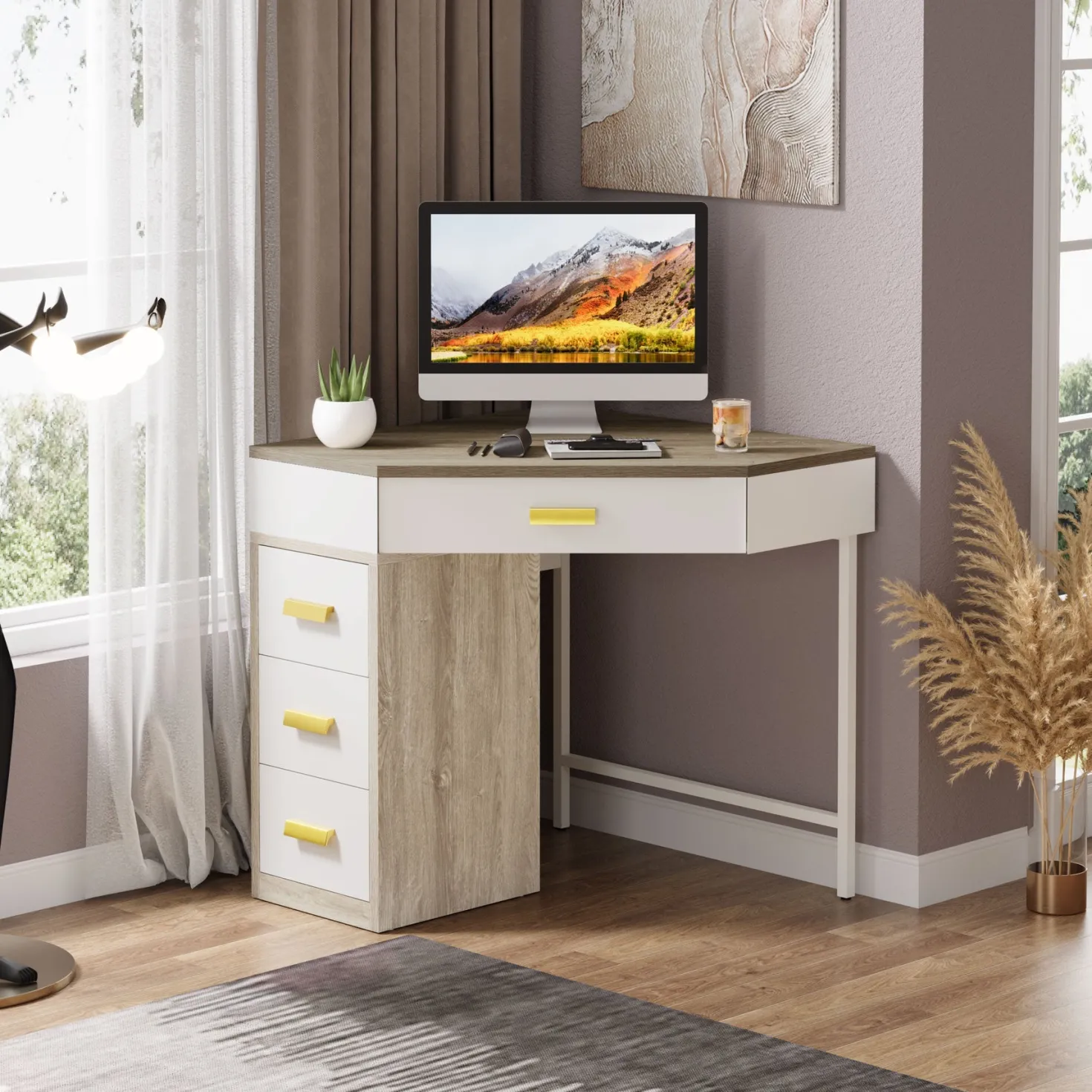 Corner Desk, Triangle Computer Desk Makeup Vanity Desk with 3 Drawers