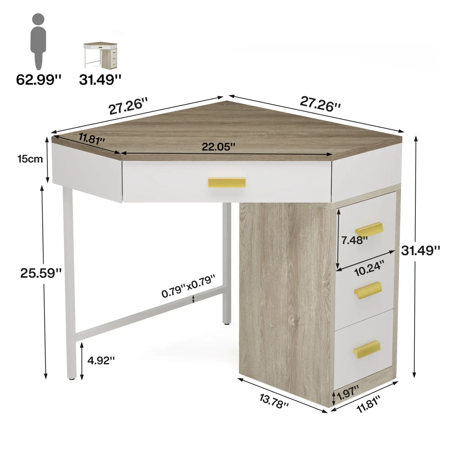 Corner Desk, Triangle Computer Desk Makeup Vanity Desk with 3 Drawers