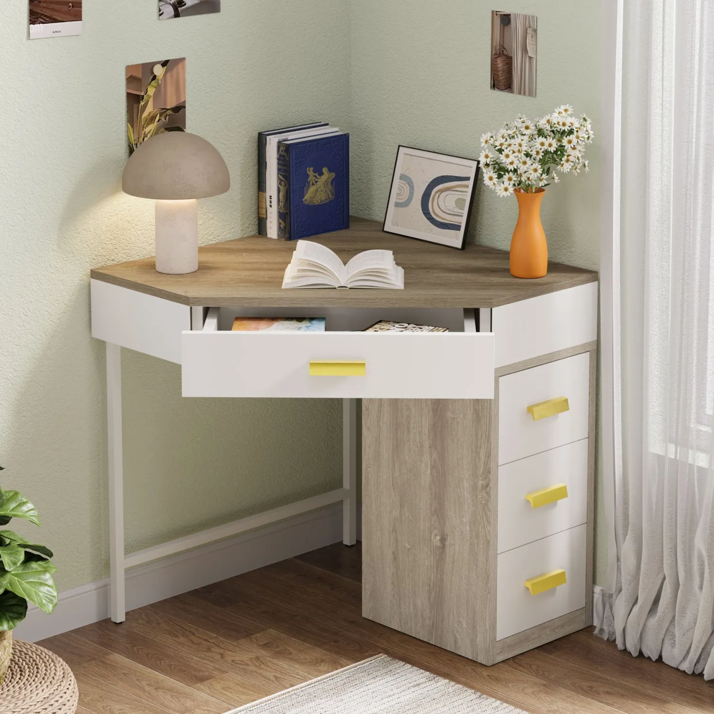 Corner Desk, Triangle Computer Desk Makeup Vanity Desk with 3 Drawers