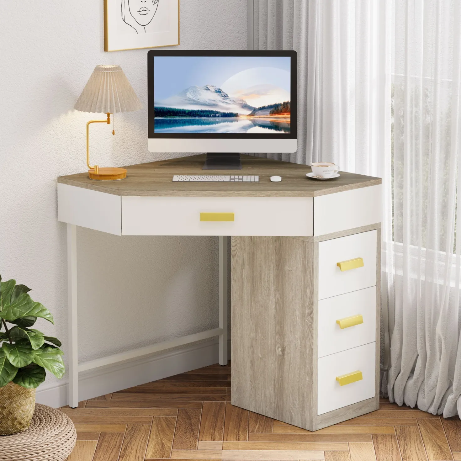 Corner Desk, Triangle Computer Desk Makeup Vanity Desk with 3 Drawers