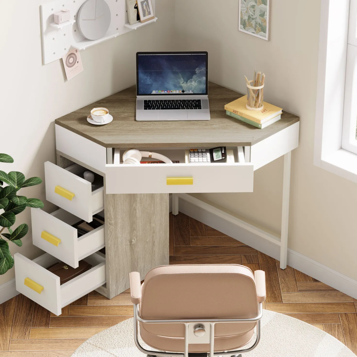 Corner Desk, Triangle Computer Desk Makeup Vanity Desk with 3 Drawers