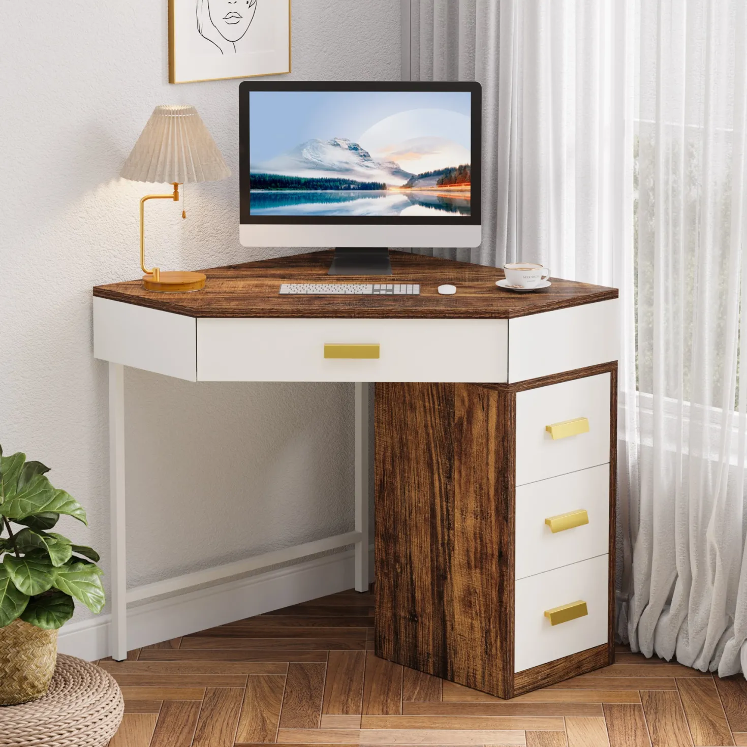 Corner Desk, Triangle Computer Desk Makeup Vanity Desk with 3 Drawers