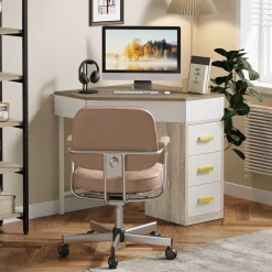 Corner Desk, Triangle Computer Desk Makeup Vanity Desk with 3 Drawers