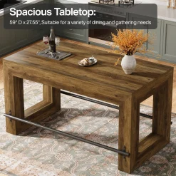 Counter Height Bar Table, 59" Pub Table With Metal Footrest For Dining Room