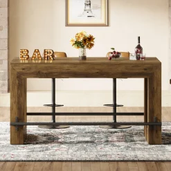 Counter Height Bar Table, 59" Pub Table With Metal Footrest For Dining Room