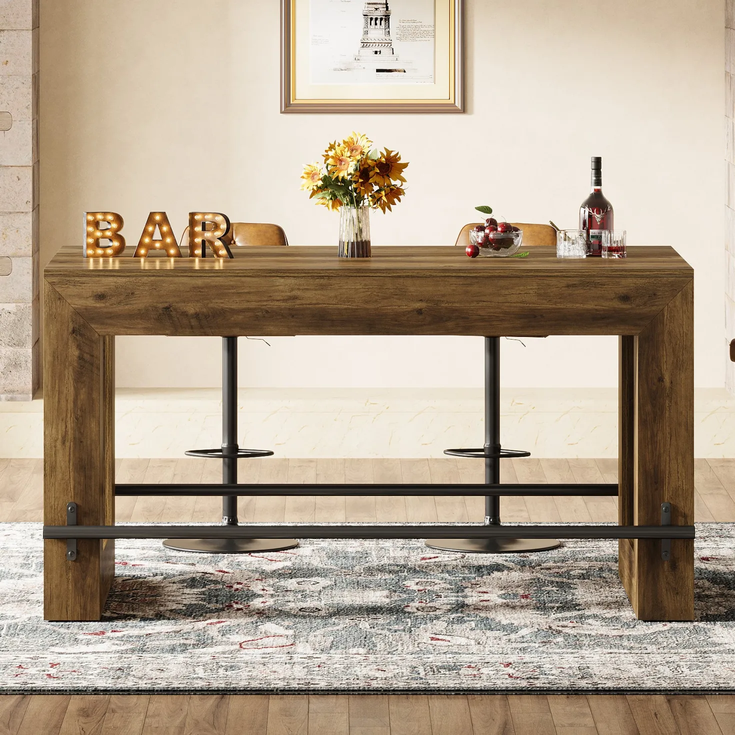 Counter Height Bar Table, 59" Pub Table With Metal Footrest For Dining Room