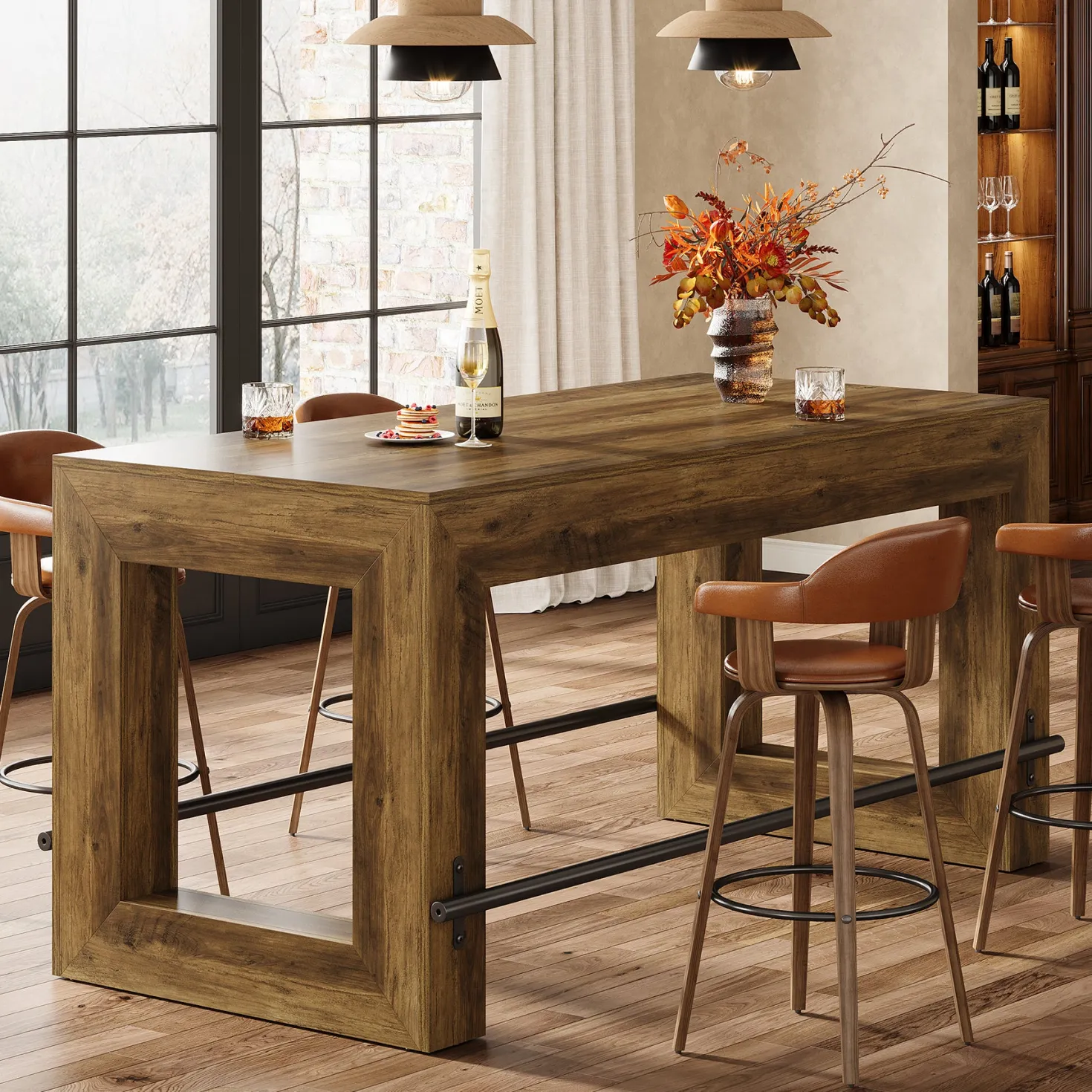 Counter Height Bar Table, 59" Pub Table With Metal Footrest For Dining Room