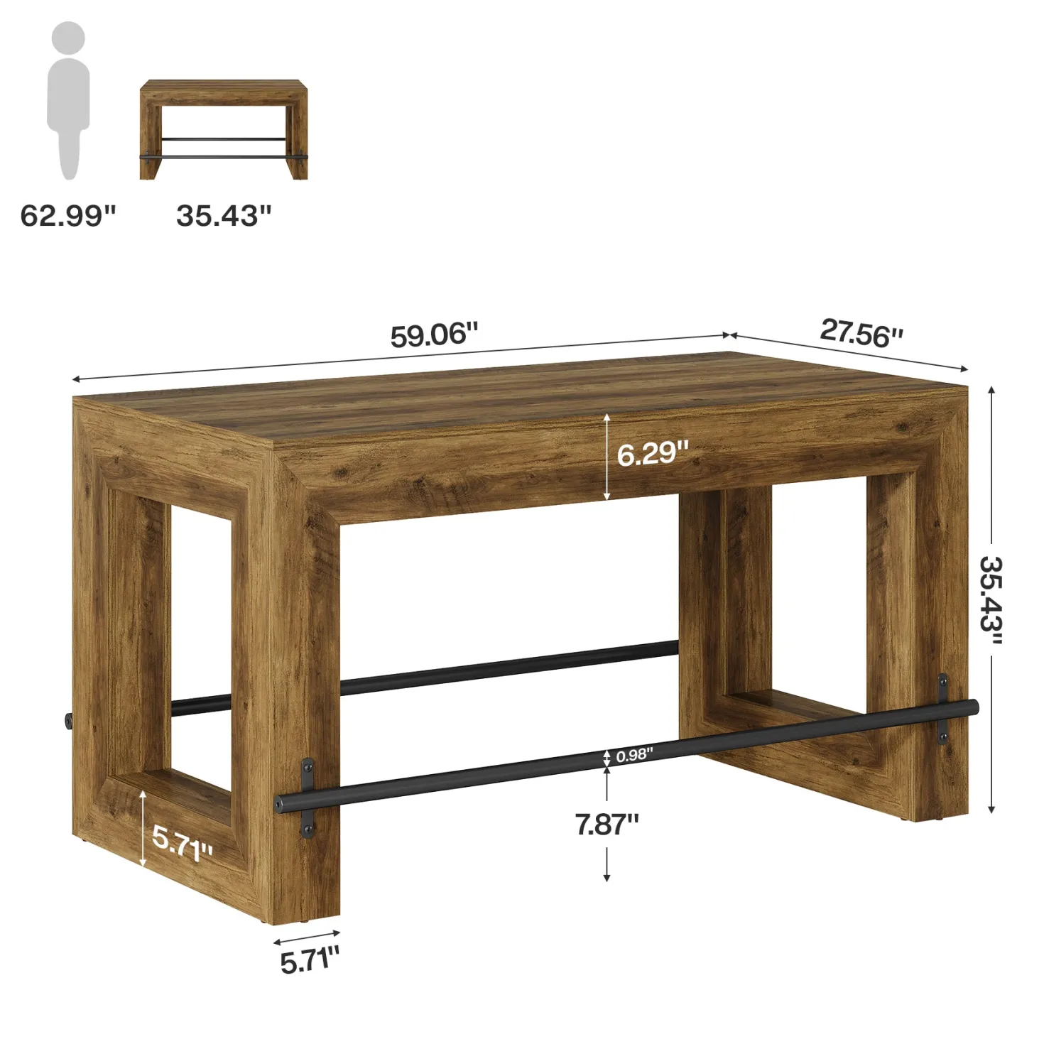 Counter Height Bar Table, 59" Pub Table With Metal Footrest For Dining Room