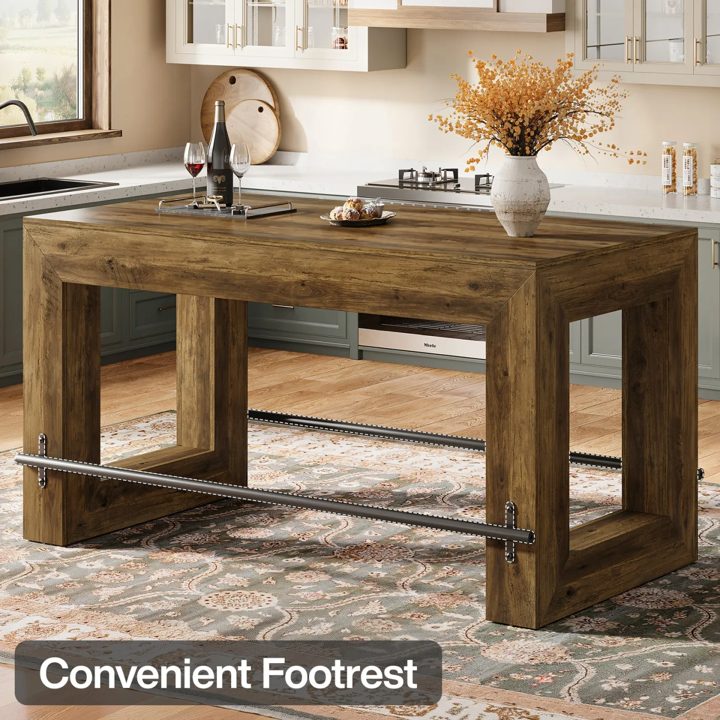 Counter Height Bar Table, 59" Pub Table With Metal Footrest For Dining Room
