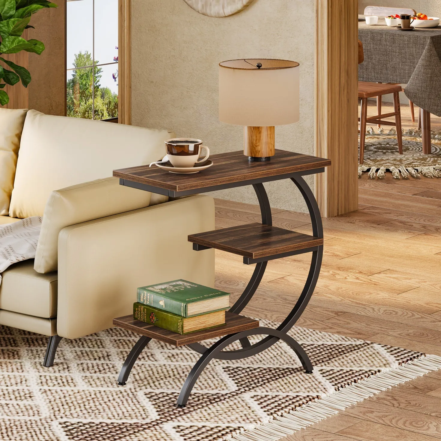 C-Shaped End Table, Industrial 3-Tier Side Table for Small Space