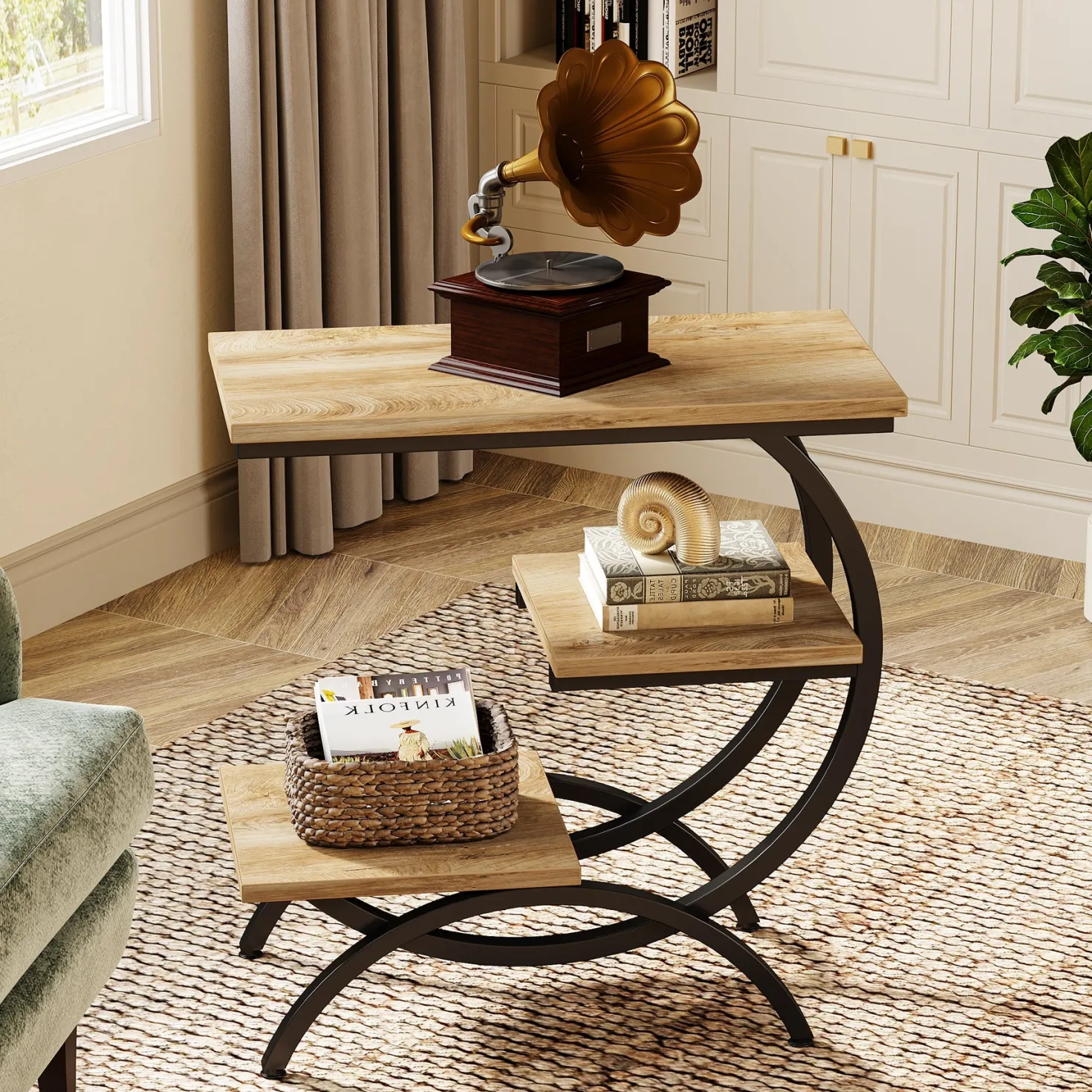 C-Shaped End Table, Industrial 3-Tier Side Table for Small Space