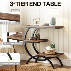 C-Shaped End Table, Industrial 3-Tier Side Table for Small Space