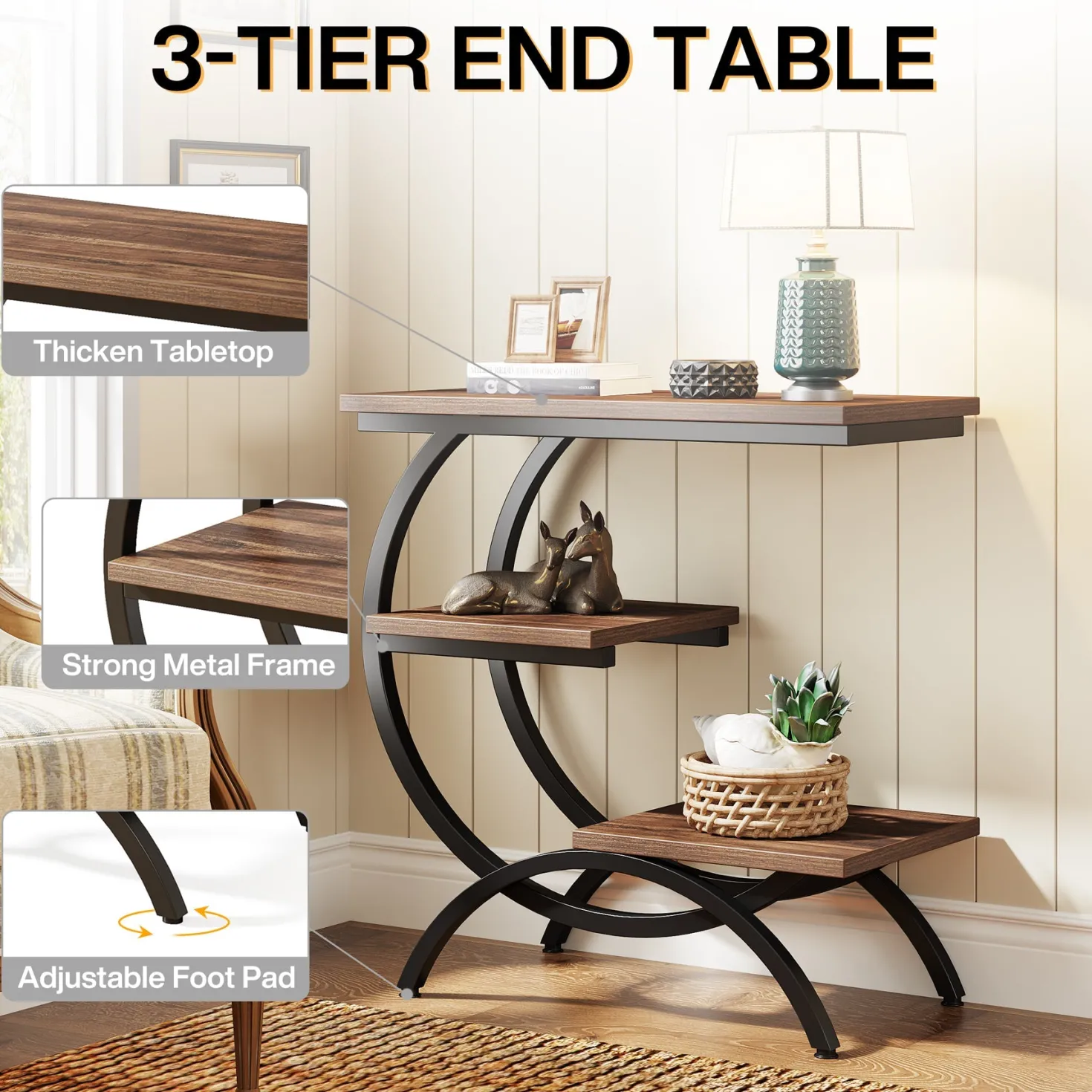 C-Shaped End Table, Industrial 3-Tier Side Table for Small Space