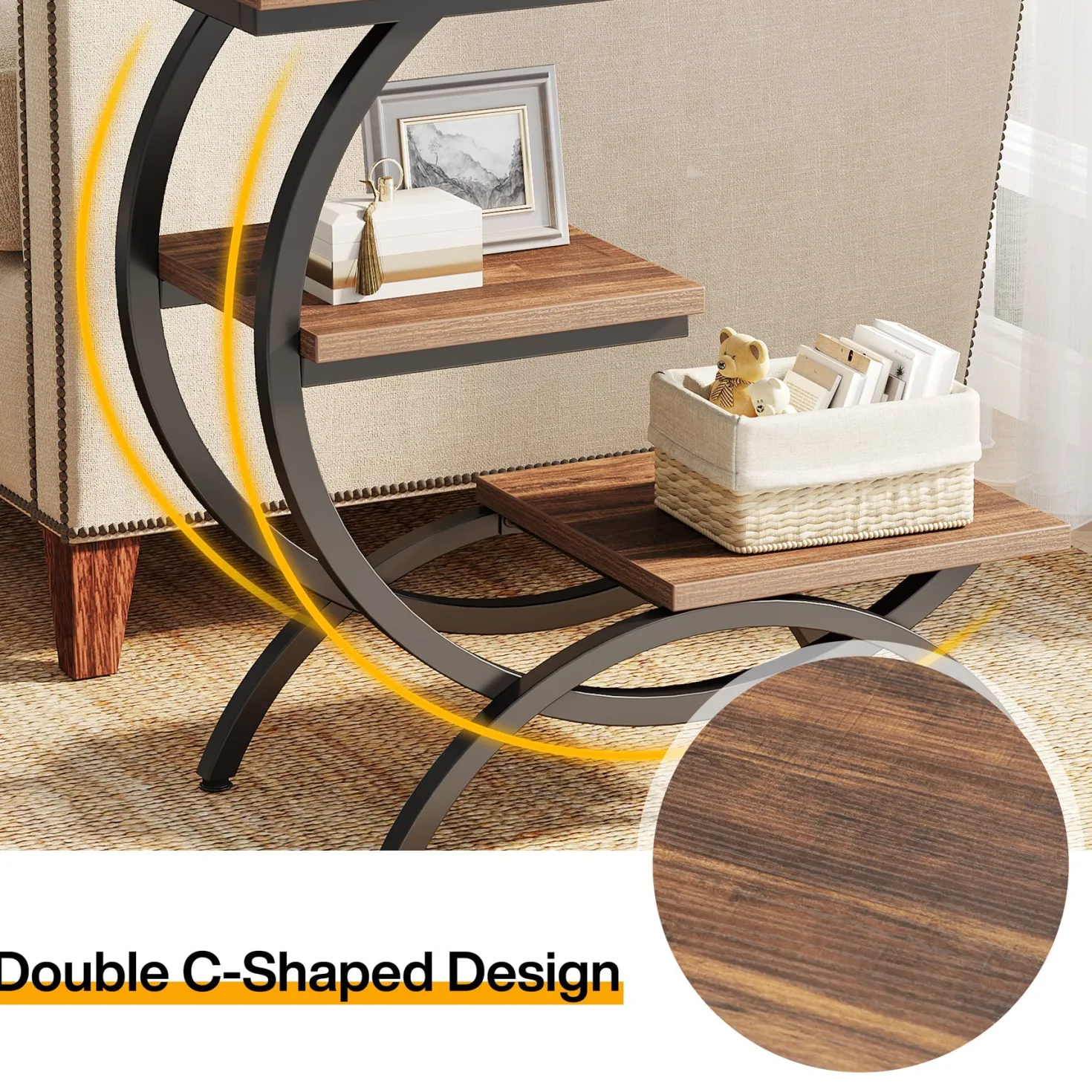 C-Shaped End Table, Industrial 3-Tier Side Table for Small Space