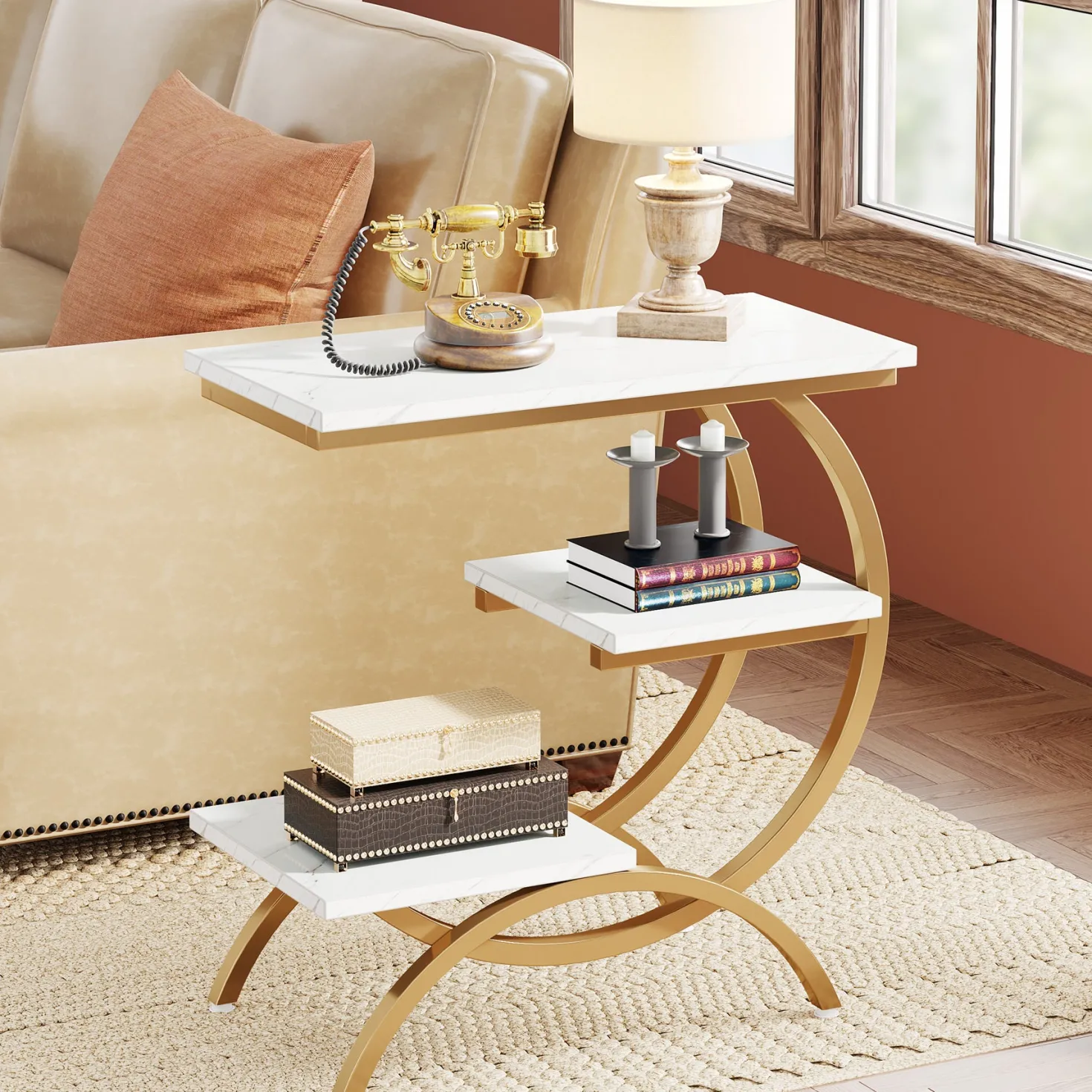 C-Shaped End Table, Industrial 3-Tier Side Table for Small Space