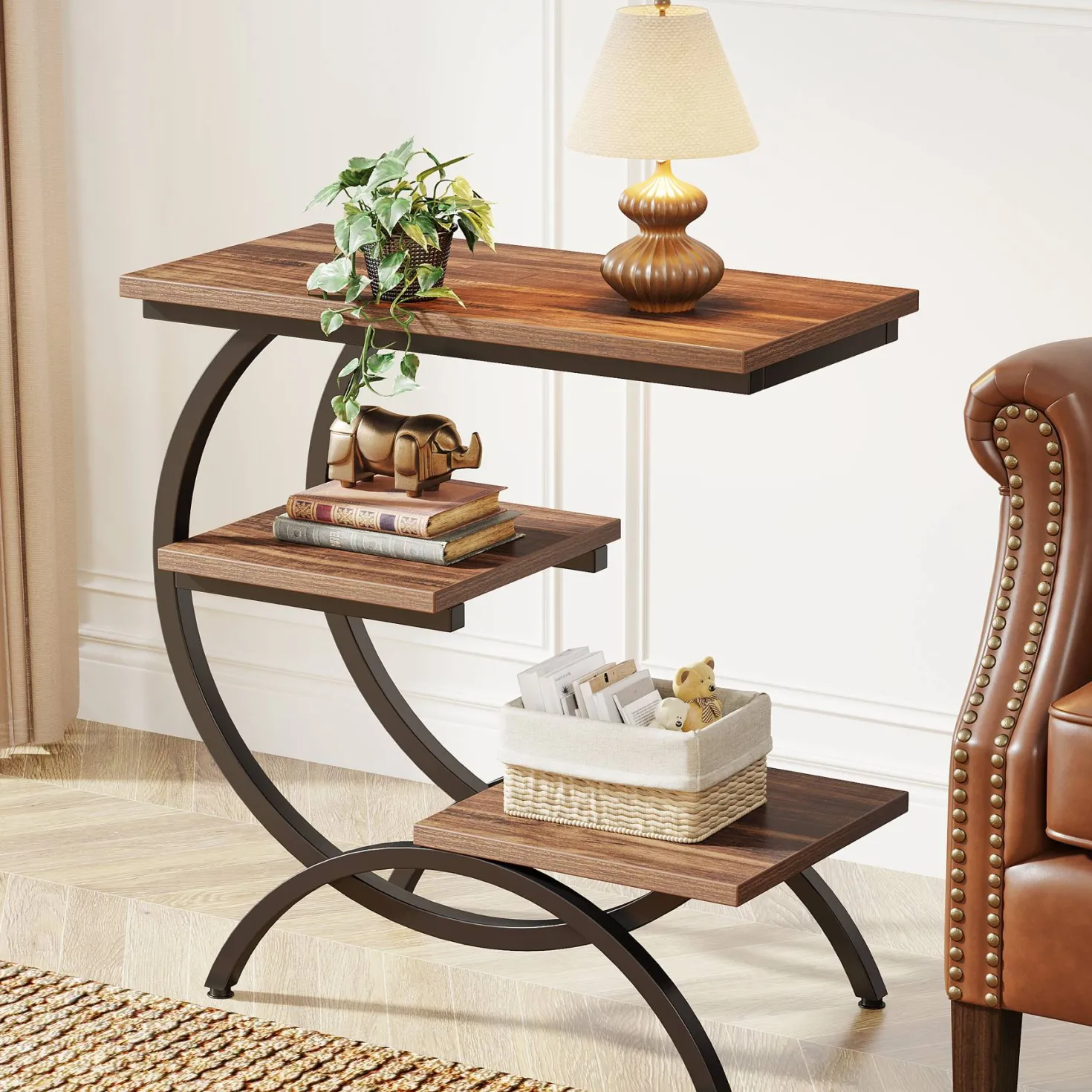 C-Shaped End Table, Industrial 3-Tier Side Table for Small Space