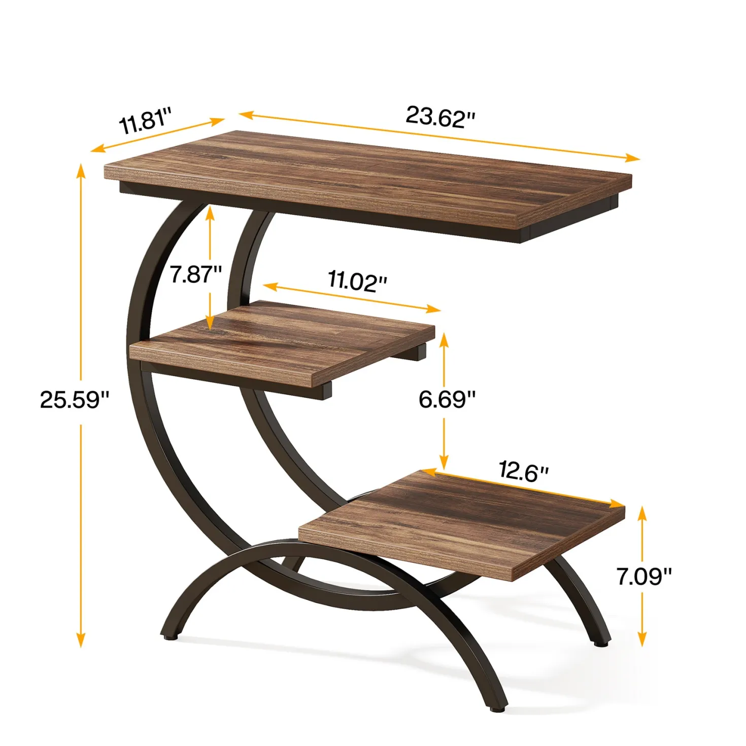 C-Shaped End Table, Industrial 3-Tier Side Table for Small Space