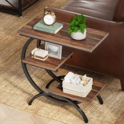 C-Shaped End Table, Industrial 3-Tier Side Table for Small Space