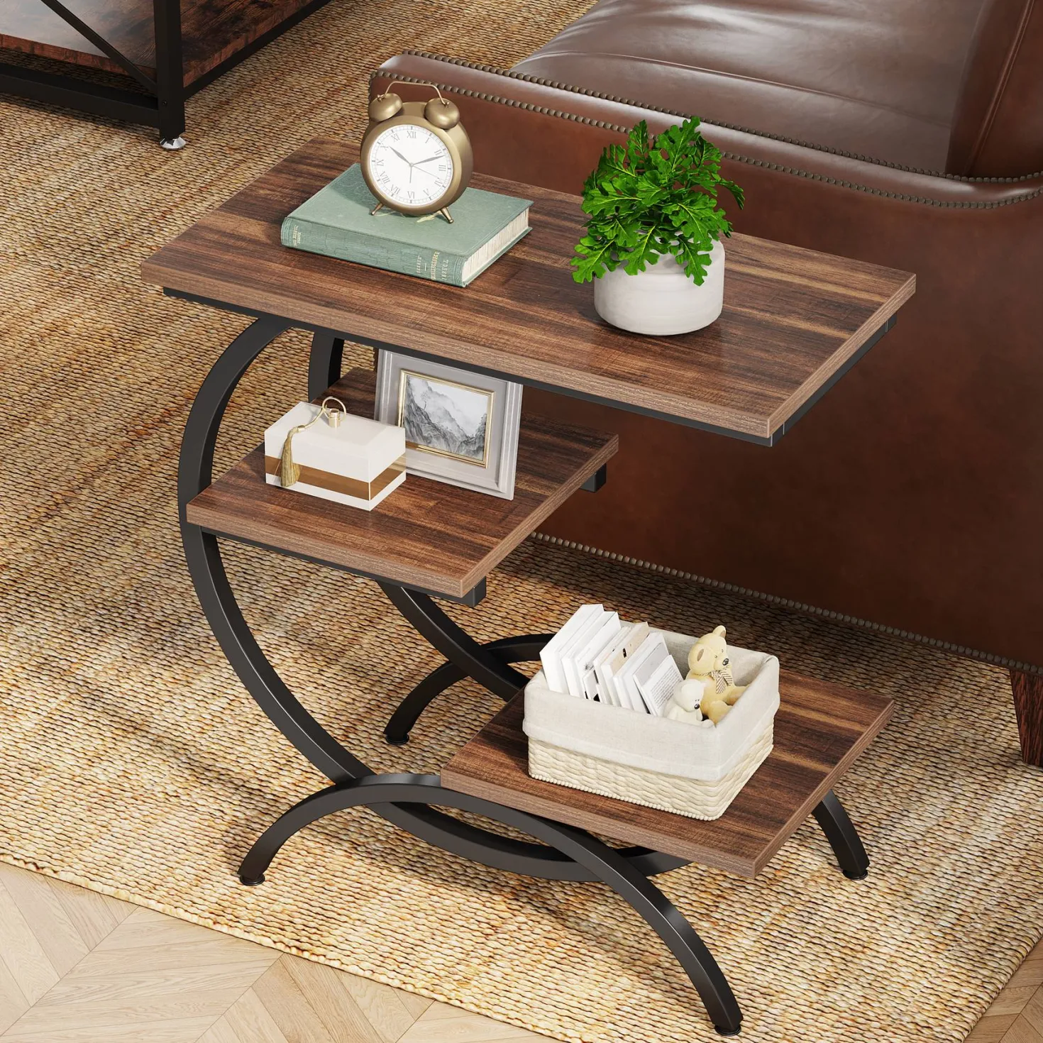 C-Shaped End Table, Industrial 3-Tier Side Table for Small Space