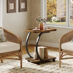 C-Shaped End Table, Industrial 2-Tier Side Table with Wheels