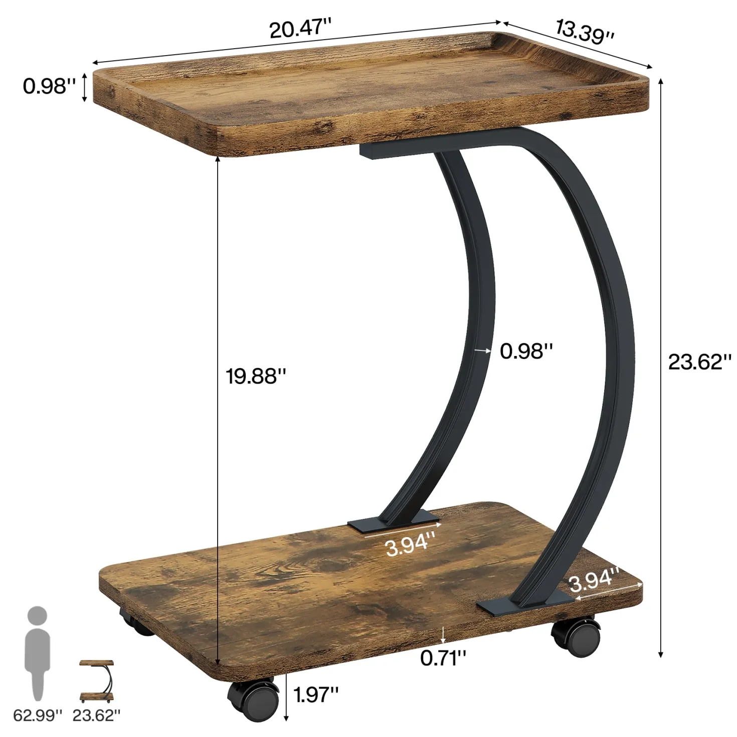 C-Shaped End Table, Industrial 2-Tier Side Table with Wheels