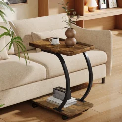 C-Shaped End Table, Industrial 2-Tier Side Table with Wheels