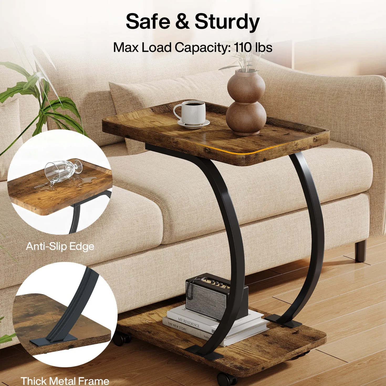 C-Shaped End Table, Industrial 2-Tier Side Table with Wheels