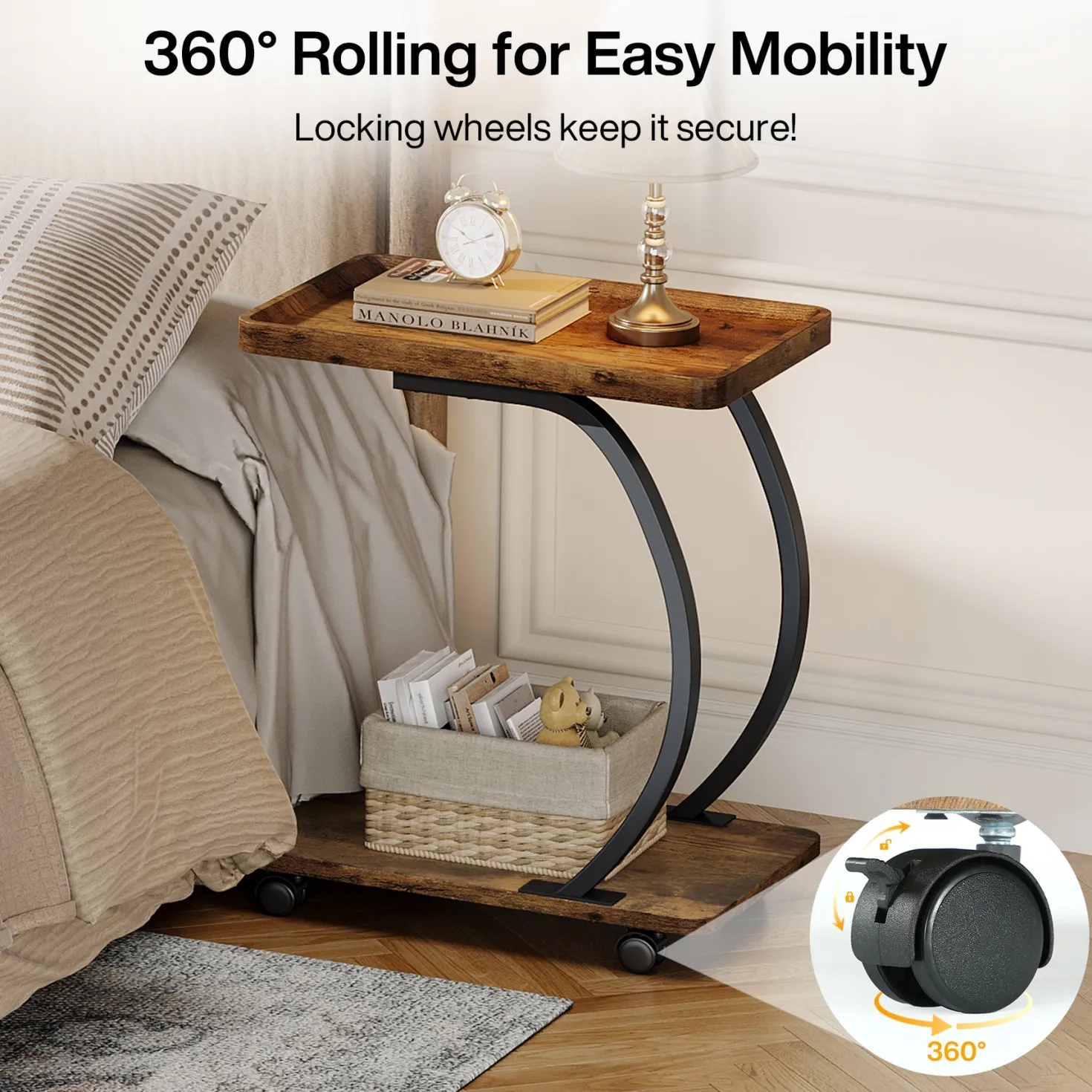 C-Shaped End Table, Industrial 2-Tier Side Table with Wheels