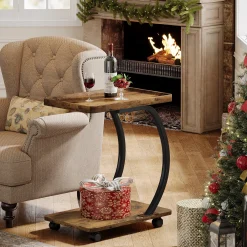 C-Shaped End Table, Industrial 2-Tier Side Table with Wheels