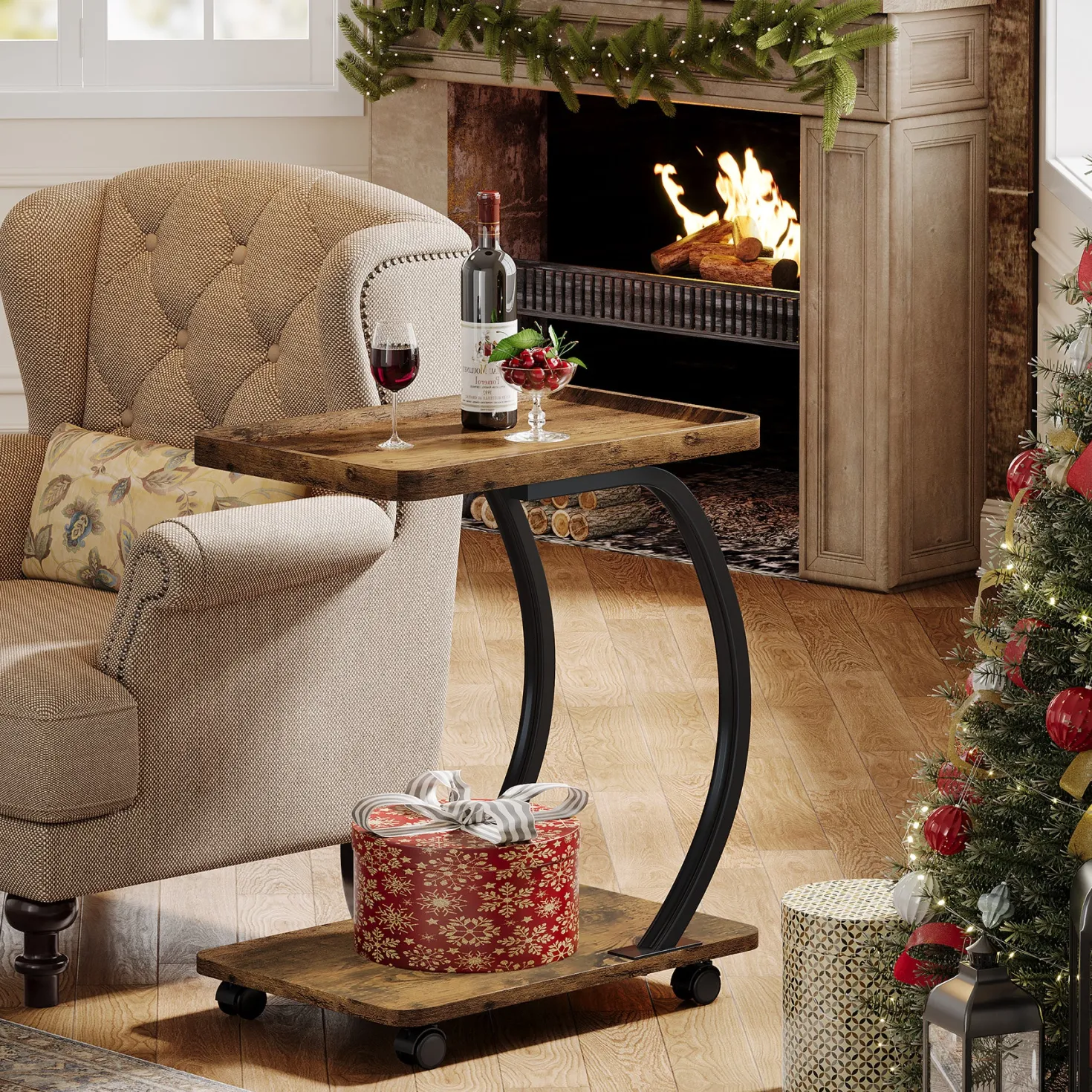 C-Shaped End Table, Industrial 2-Tier Side Table with Wheels