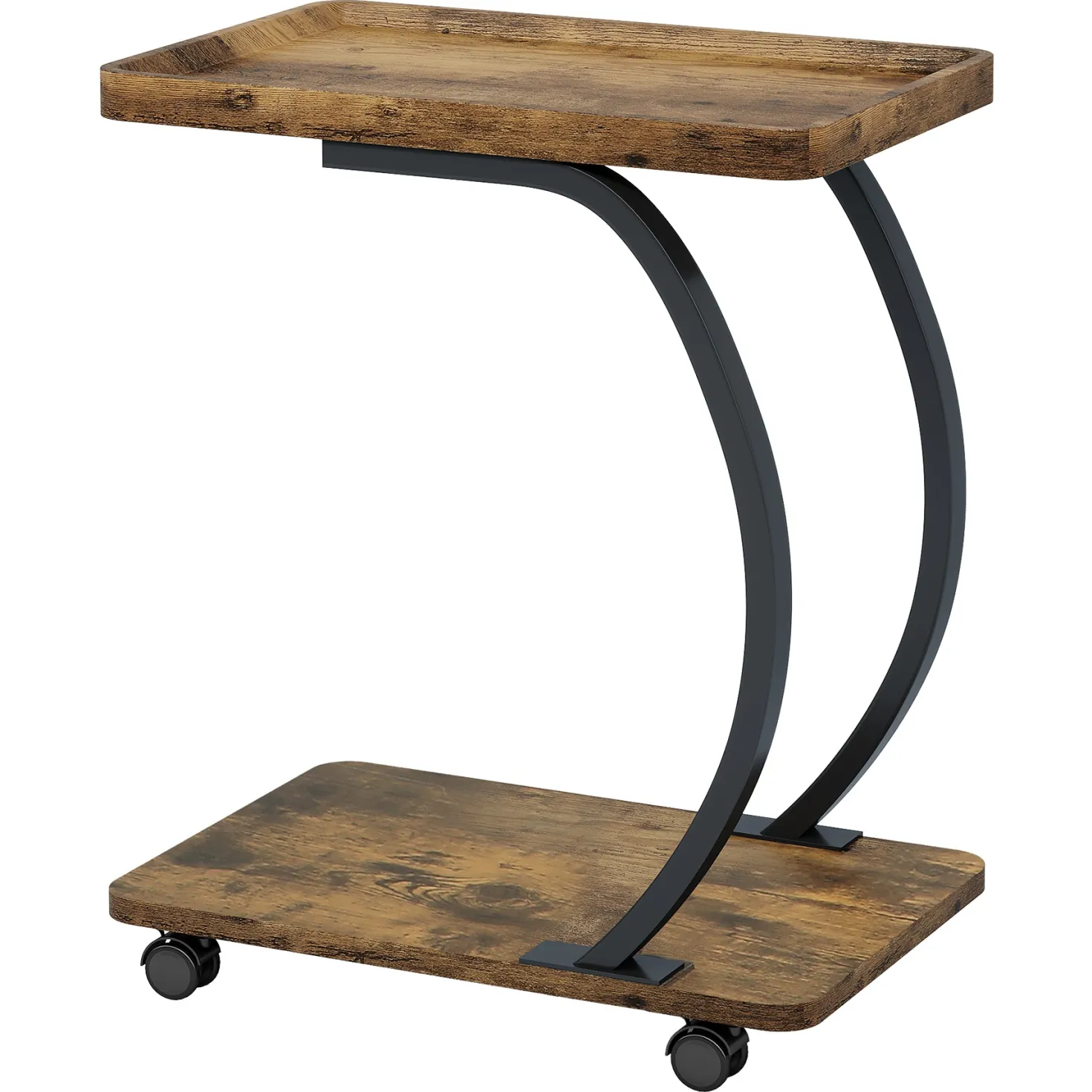C-Shaped End Table, Industrial 2-Tier Side Table with Wheels